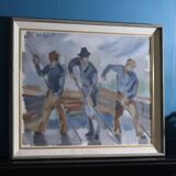 Peinture à l'huile sur toile suédoise du milieu du siècle « Ouvriers en mouvement » par Ivar Hjertquist (1907-1983)