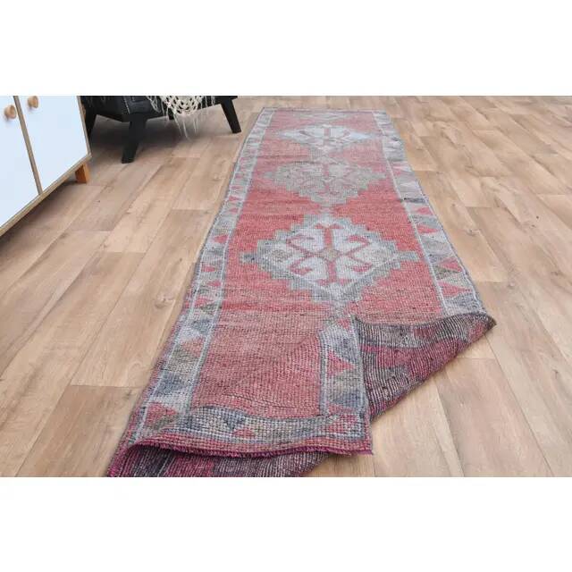 1970s Pink Turkish Handmade Wool Runner Rug, Geometric Motifs 85x328