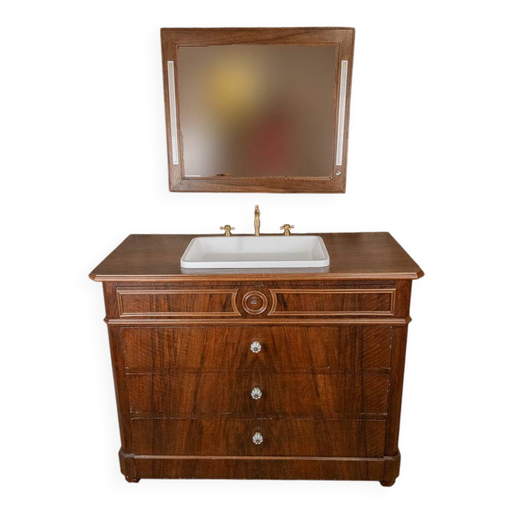 Meuble vasque Louis-Philippe en noyer & miroir LED assorti