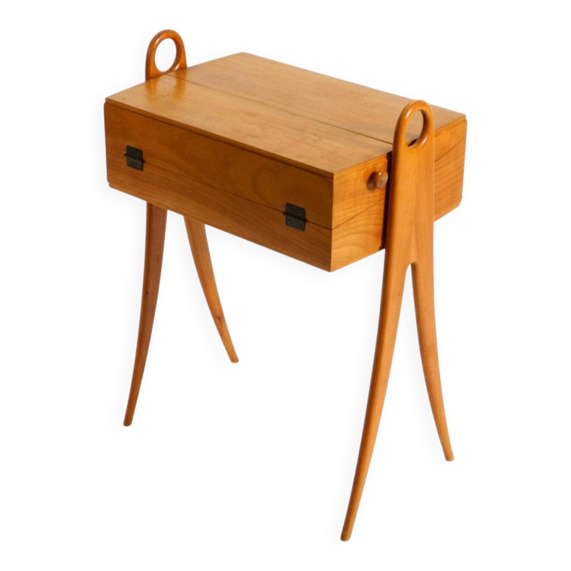 1950s ash wood sewing box, with a hinged top, multiple compartments