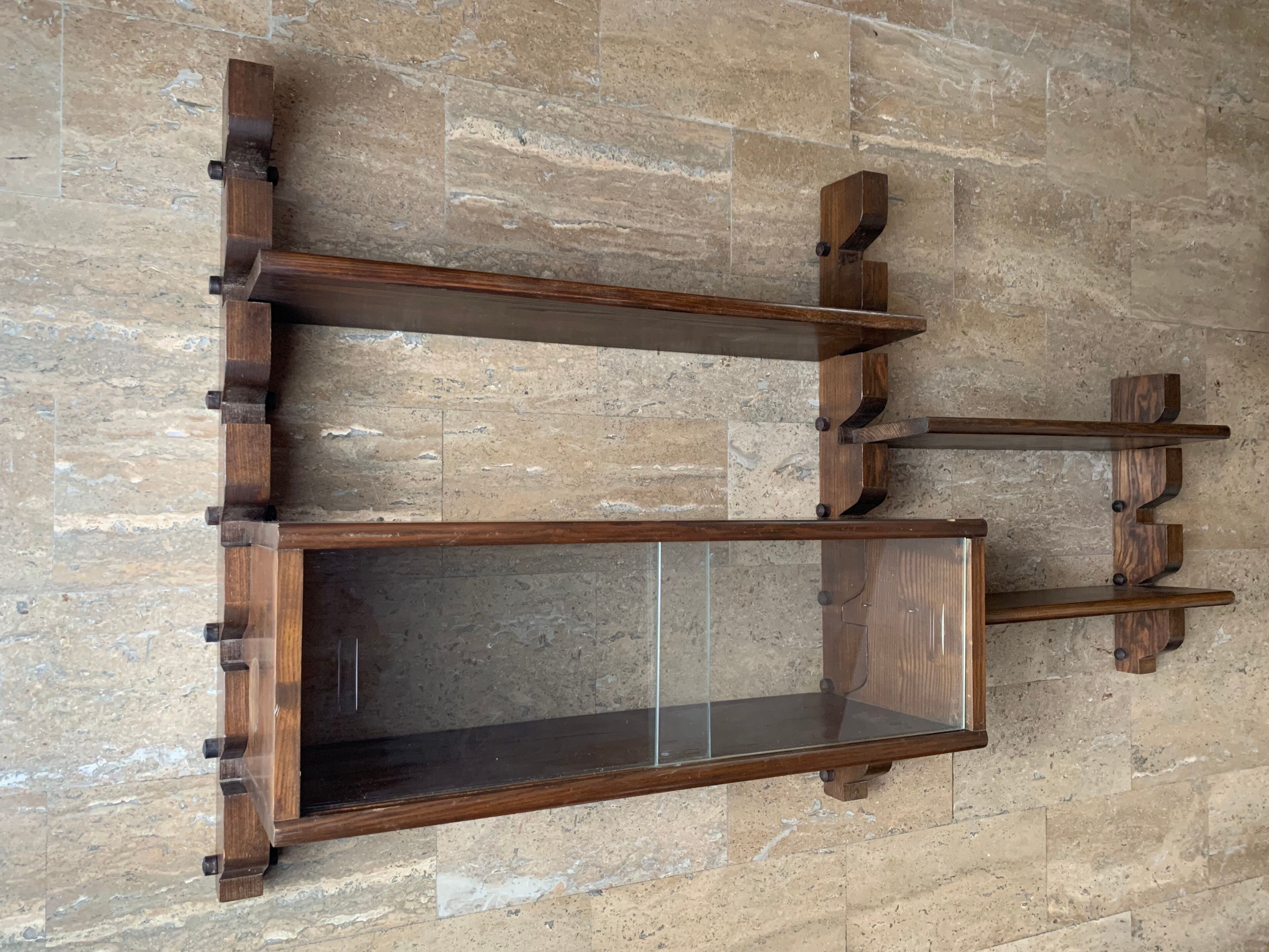 Wooden wall shelves with display case, 1950s
