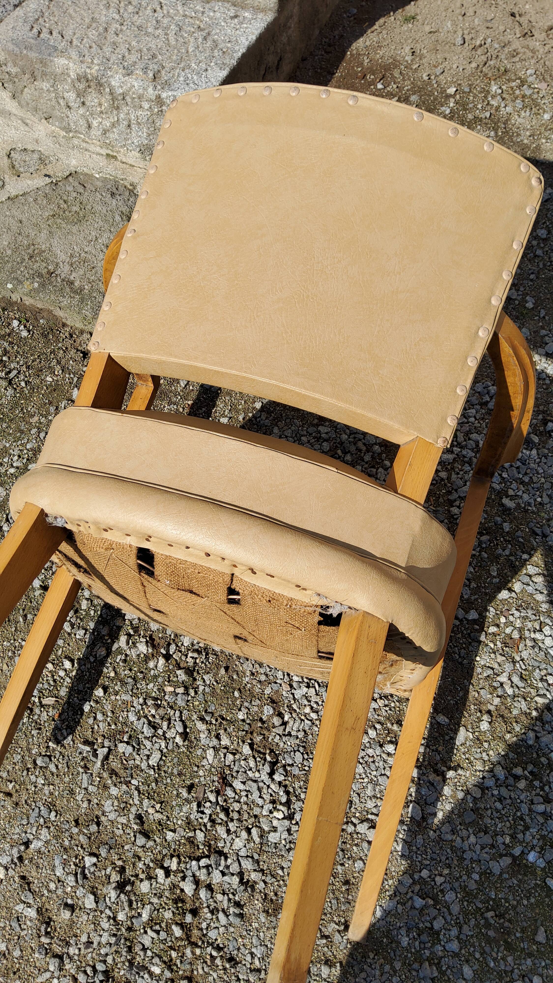 Office armchair from the 50s in beech tinted sycamore and moleskine