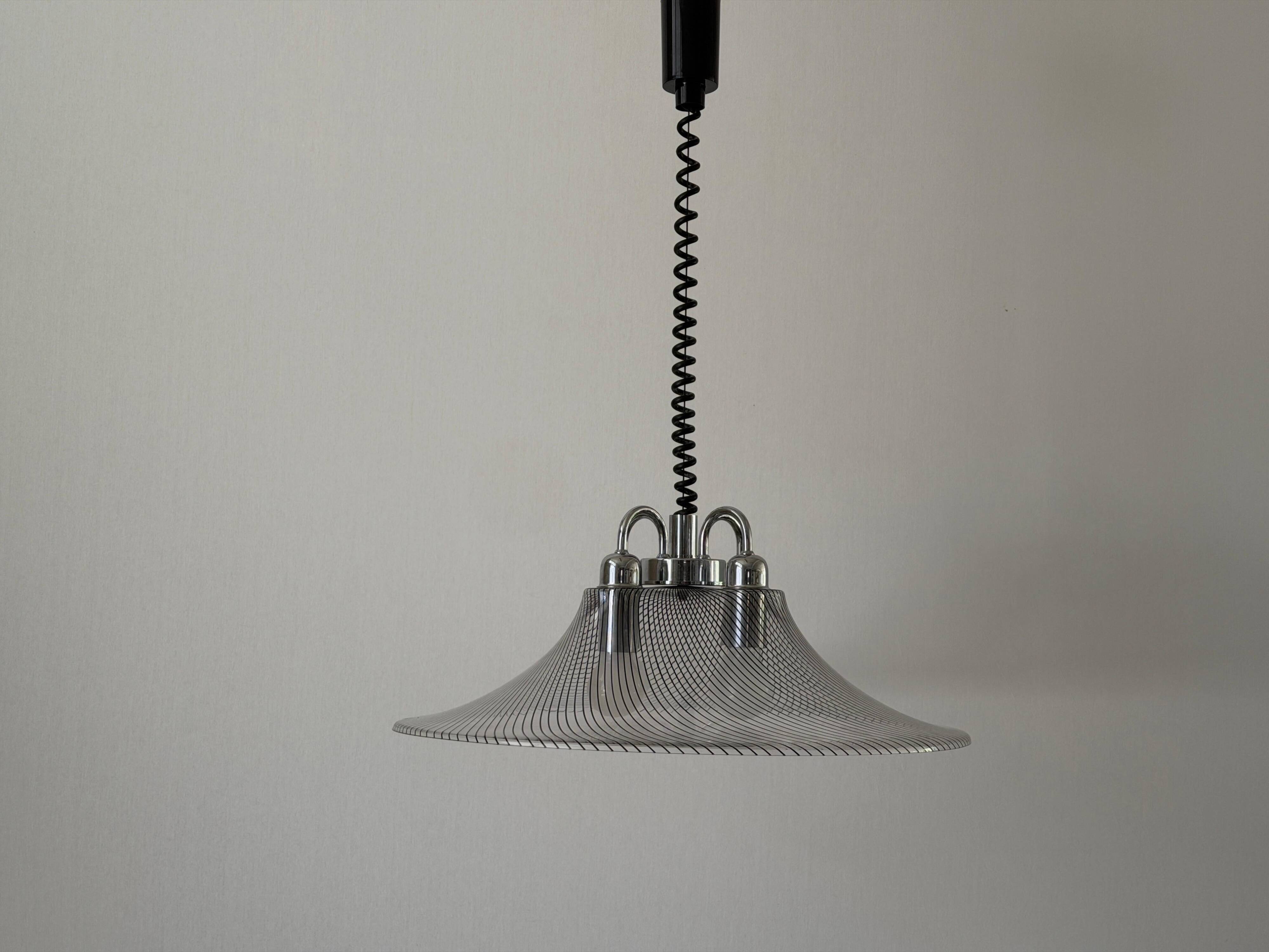 Suspended lamp with 4 sockets, chrome body and plexiglass shade, 1970s, Germany.