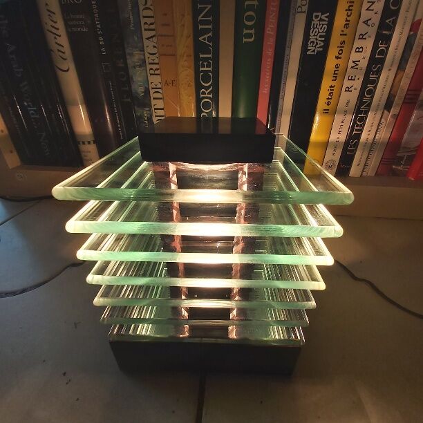 Demeter wood and glass lamp Maison Desny 1980