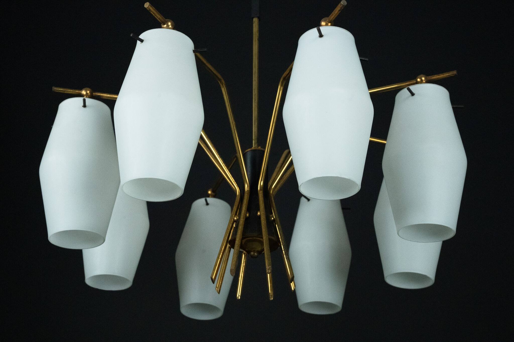 Mid-century chandelier with eight opaline glass shades