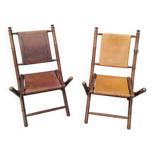 Paire de chaises safari pliante vintage cuir
