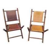 Paire de chaises safari pliante vintage cuir