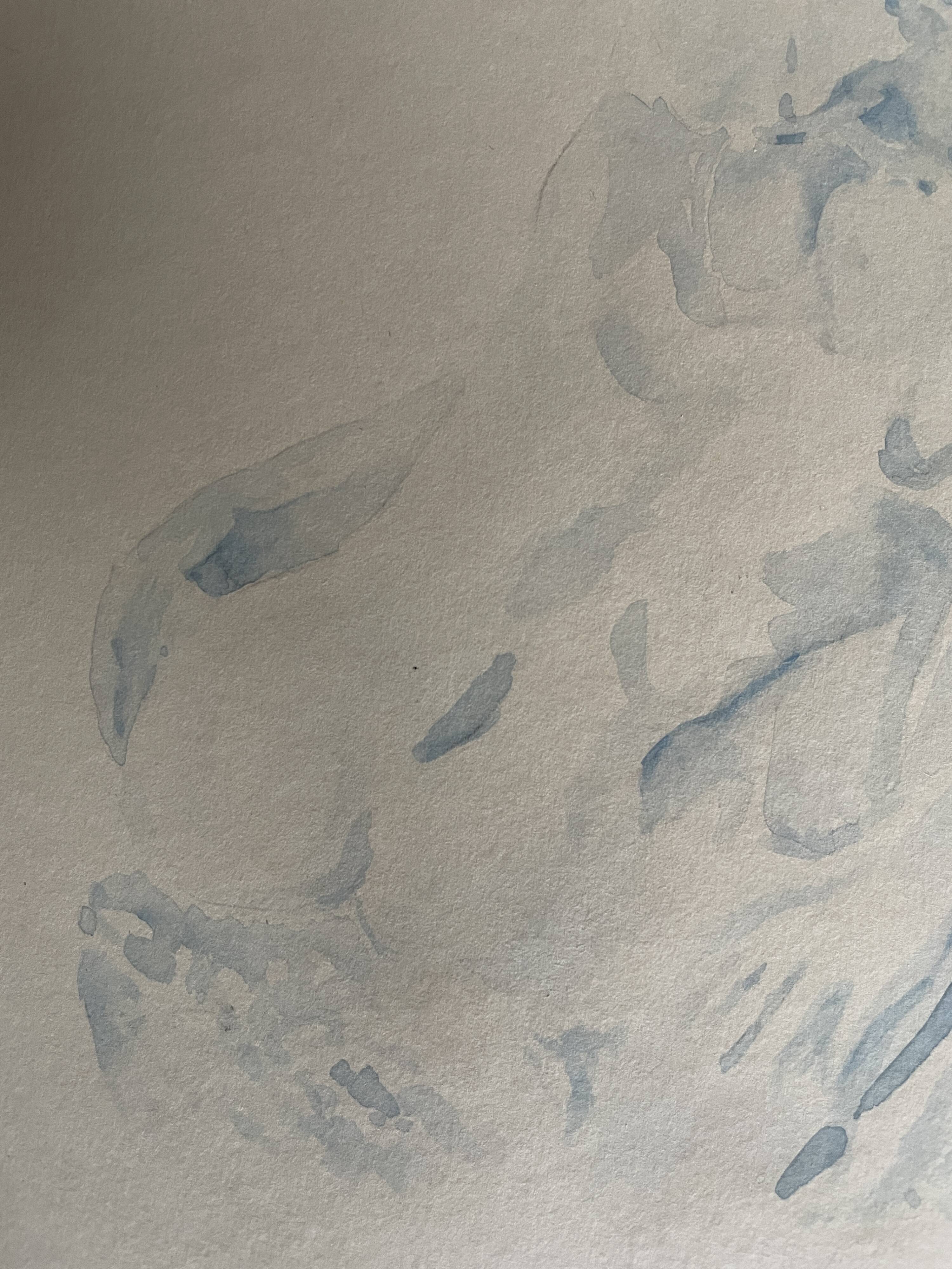 Signed watercolour monochrome blue study of the statue "The Kiss by Rodin"