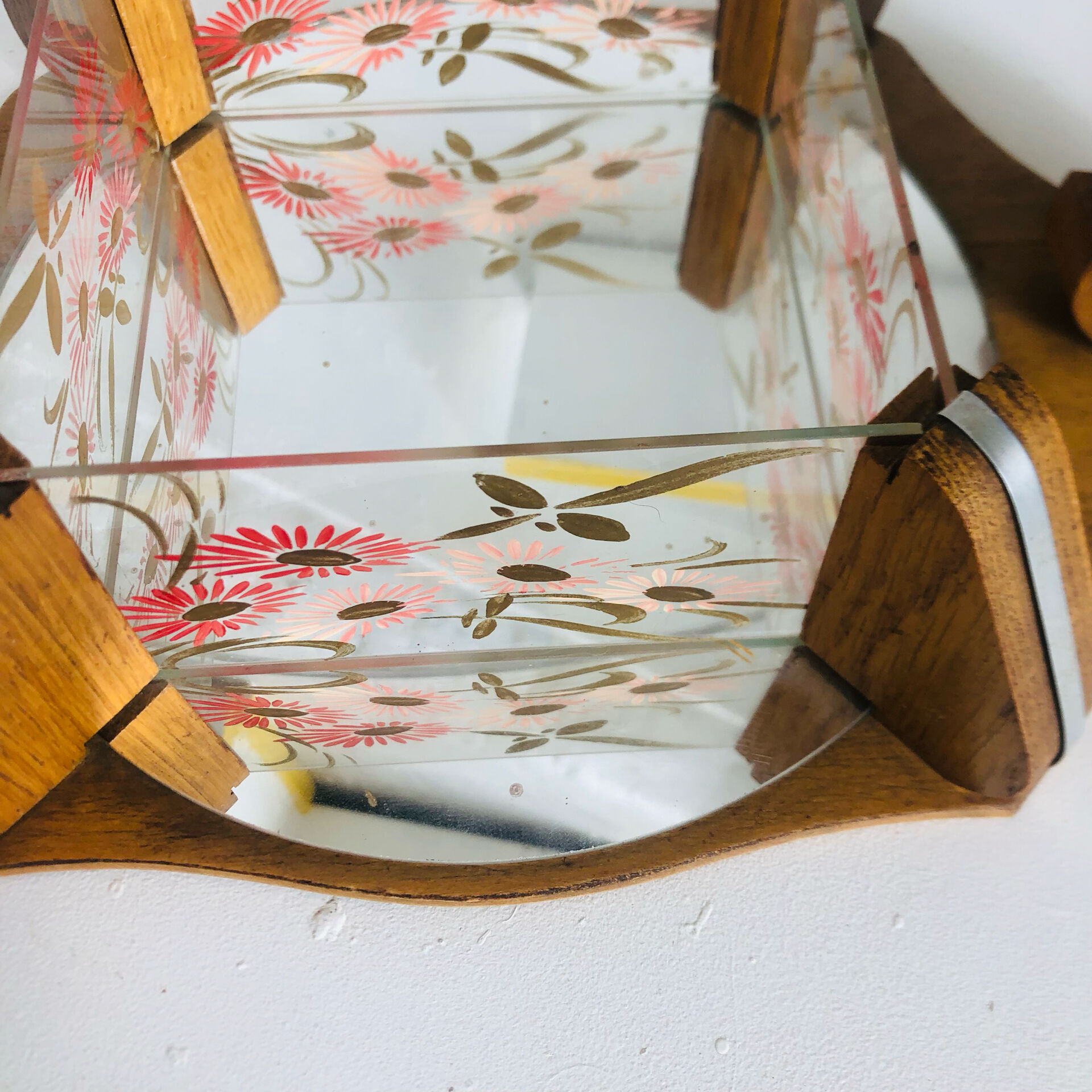 Vintage painted glass tray, wood and mirror