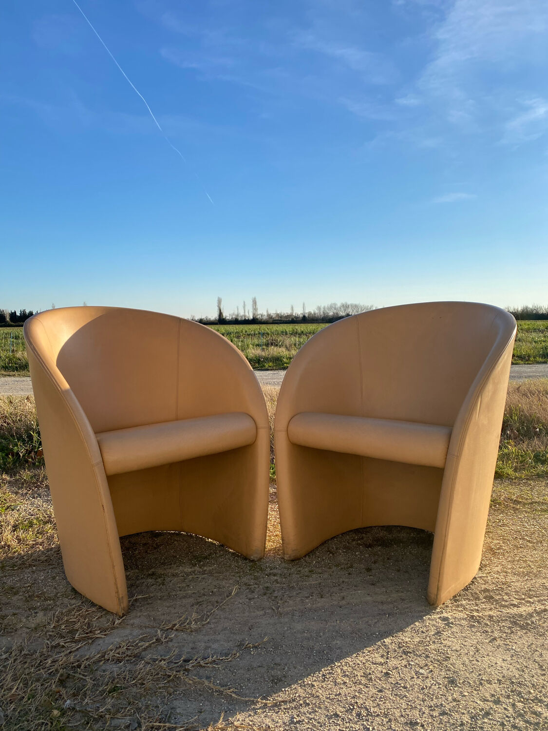 Pair of designer leather armchairs