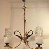 Vintage chandelier 3 burners brass gilded globes opaline glass white striated