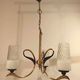 Vintage chandelier 3 burners brass gilded globes opaline glass white striated