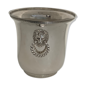 Old champagne bucket in silver metal, decoration heads of lions, XXth