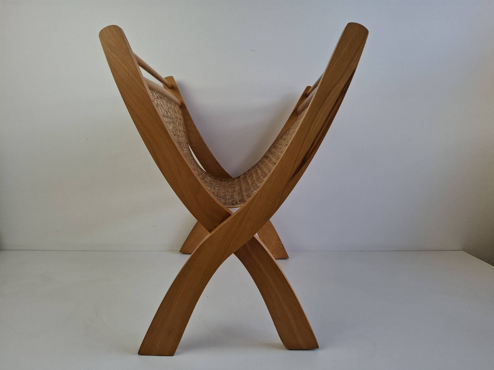 Vintage Mid-Century Wooden and Rattan Folding Magazine Rack, Czechoslovakia