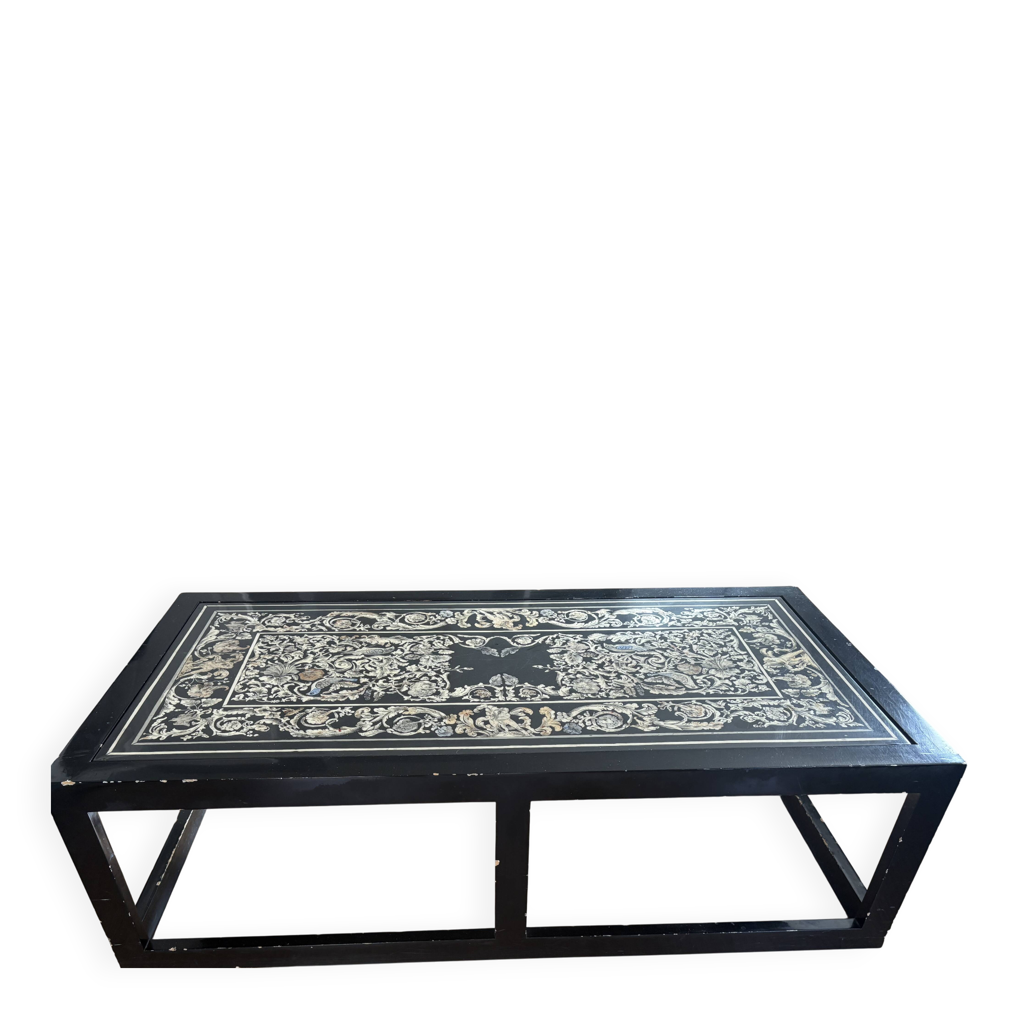 Lacquered wooden coffee table with a Scaglione marble top.