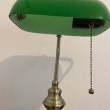 Lampe de banquier ancienne en bronze et opaline verte, Art Déco