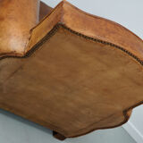 French moustache back cognac-colored leather club chair, 1940s