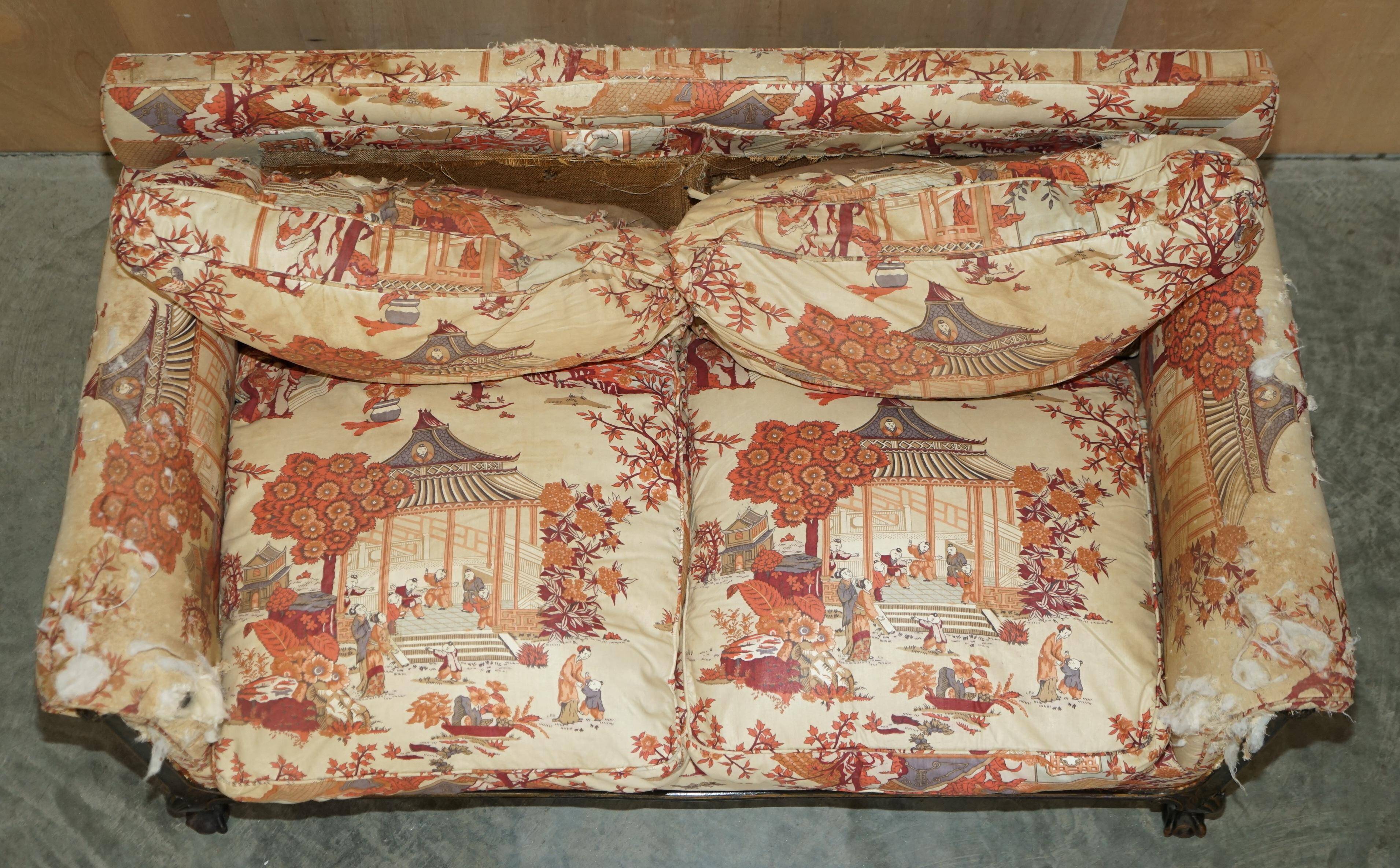 Antique Howard & Sons canapé, Aesthetic Movement, claw and ball feet, chinoiserie fabric.