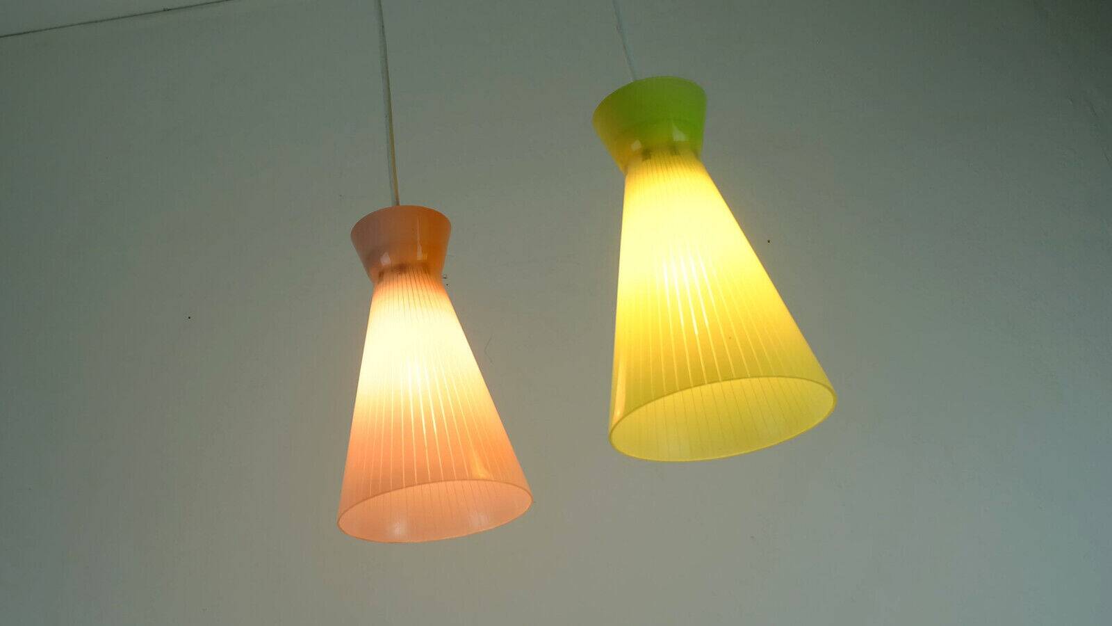 1950s mid century 2-light mid century pendant light glass shades and brass