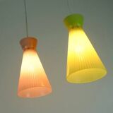 1950s mid century 2-light mid century pendant light glass shades and brass