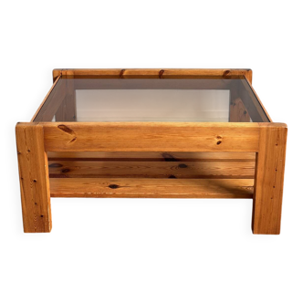 Table basse rectangulaire en pin et verre fumé