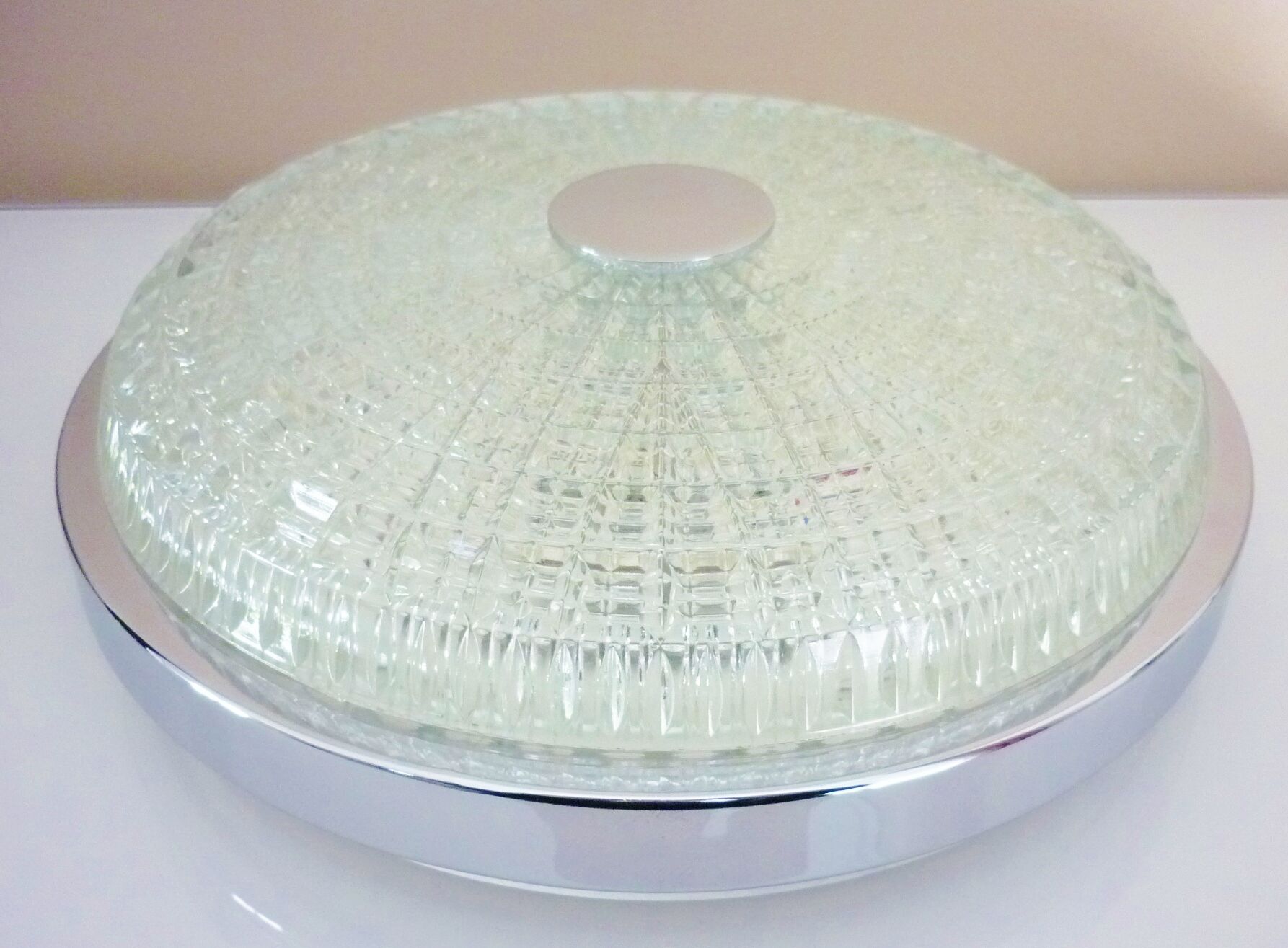 Ceiling lamp, vintage wall lamp, thick glass and chrome, 60s/70s