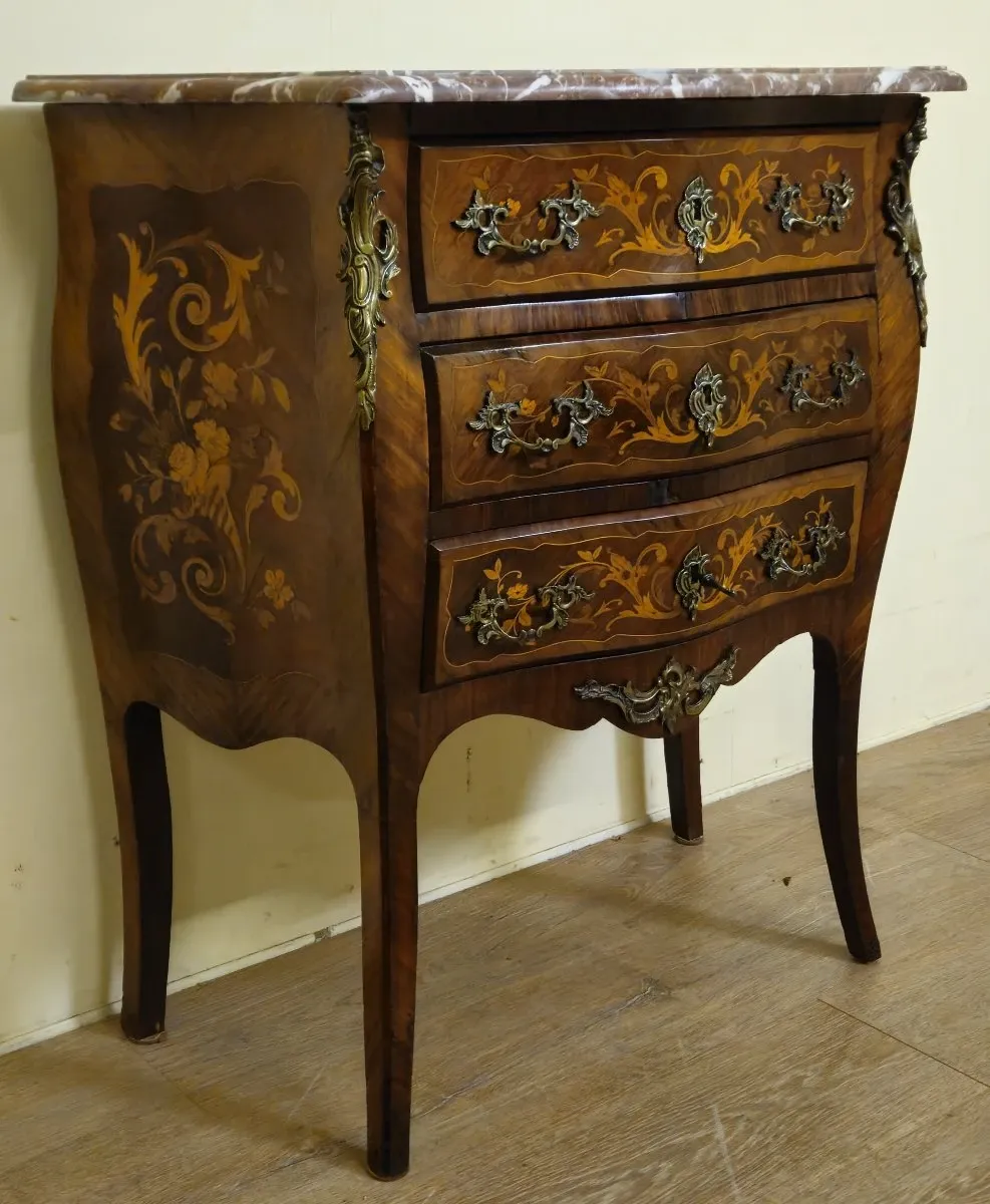 Louis XV style marquetry jump commode – 3 drawers – Marble top