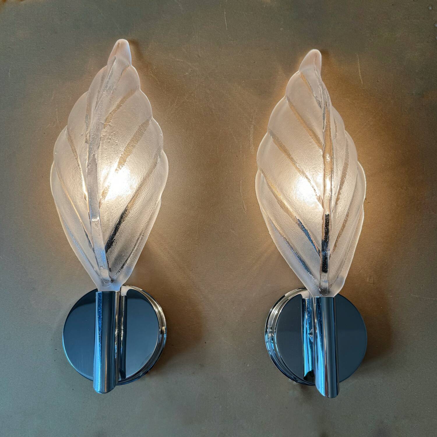 70s glass and chrome metal leaf wall lights