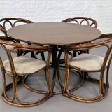 Round Oak Dining Table and Rattan Armchairs, Set of 5
