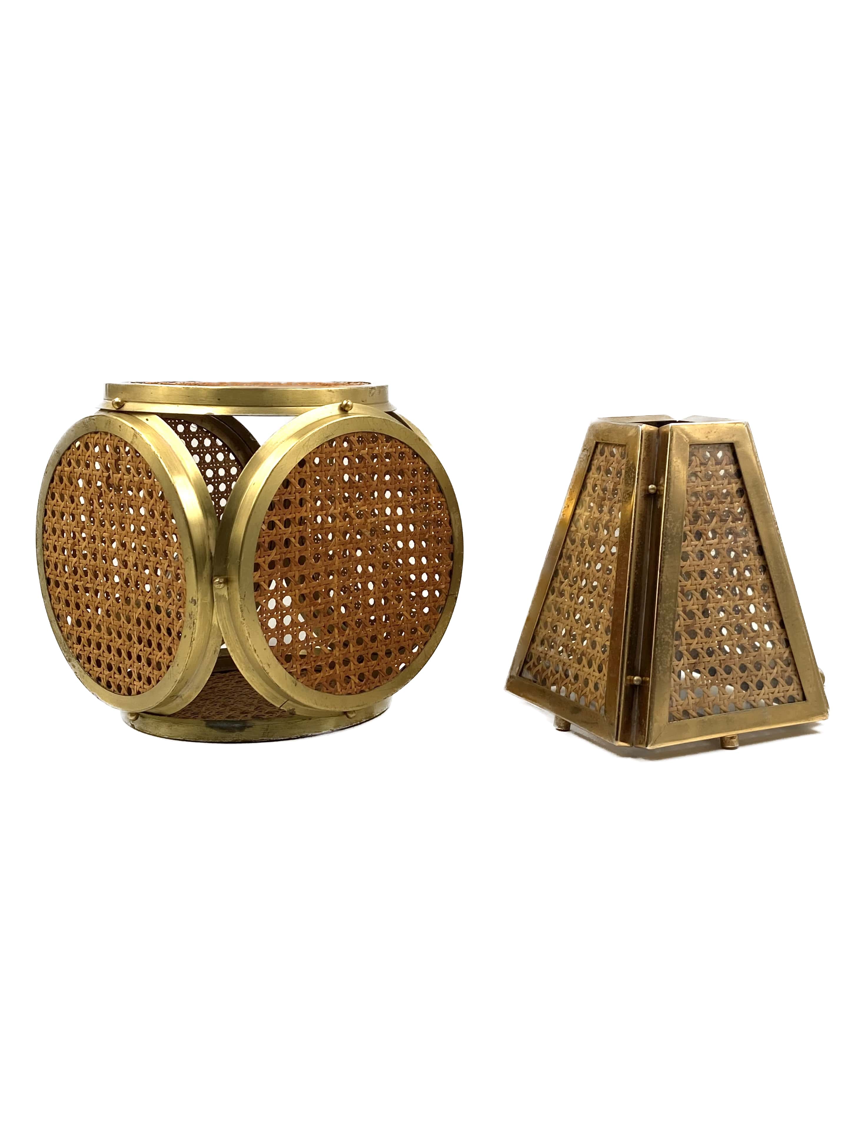 Ensemble de 2 lampes régence hollywoodiennes en laiton et paille viennoise, Italie 60's / 70's