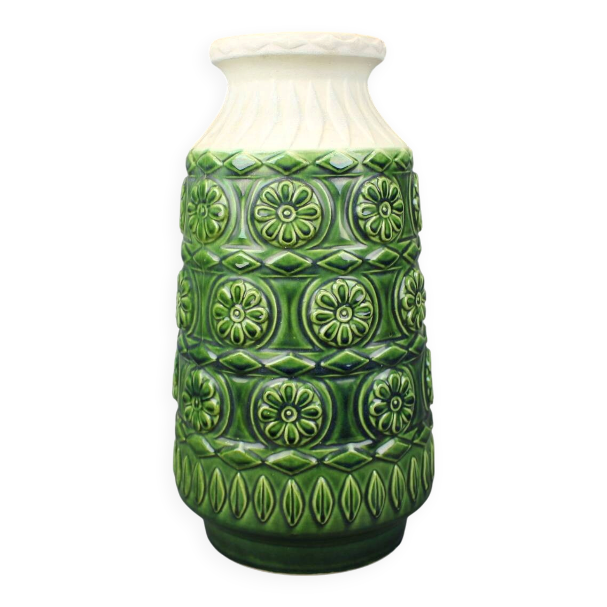 Large Mid-Century BAY Keramik Green Relief Vase, West Germany, 1970s