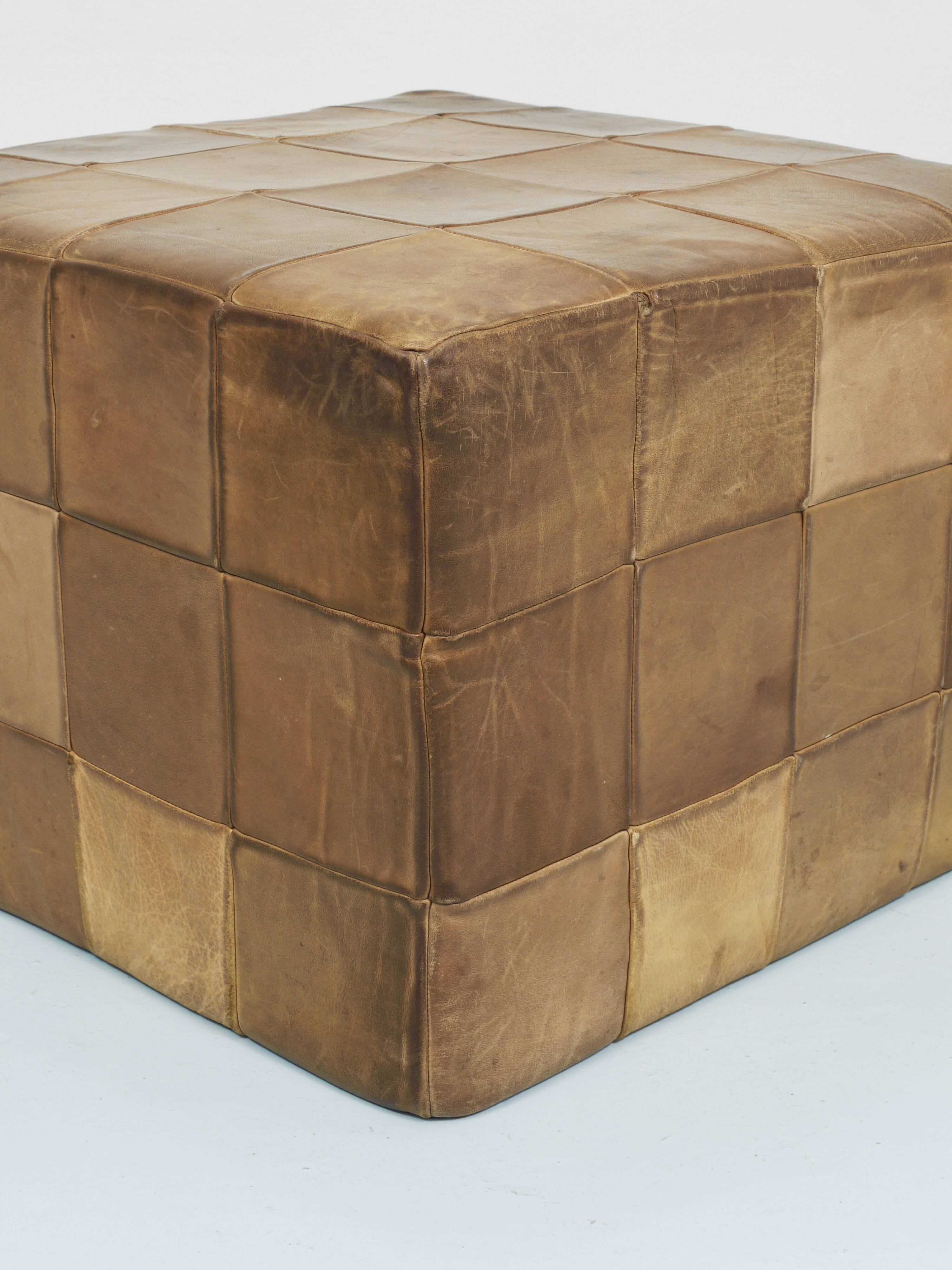 De Sede Patchwork Leather Cube Stool, Pouf, Ottoman, Switzerland, 1970s