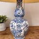 Blue and white Delft ceramic table lamp decorated with birds and flowers.