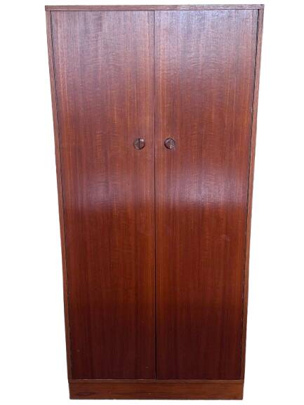 Teak 2-door wardrobe — hanging space + shelves — 1960s/70s