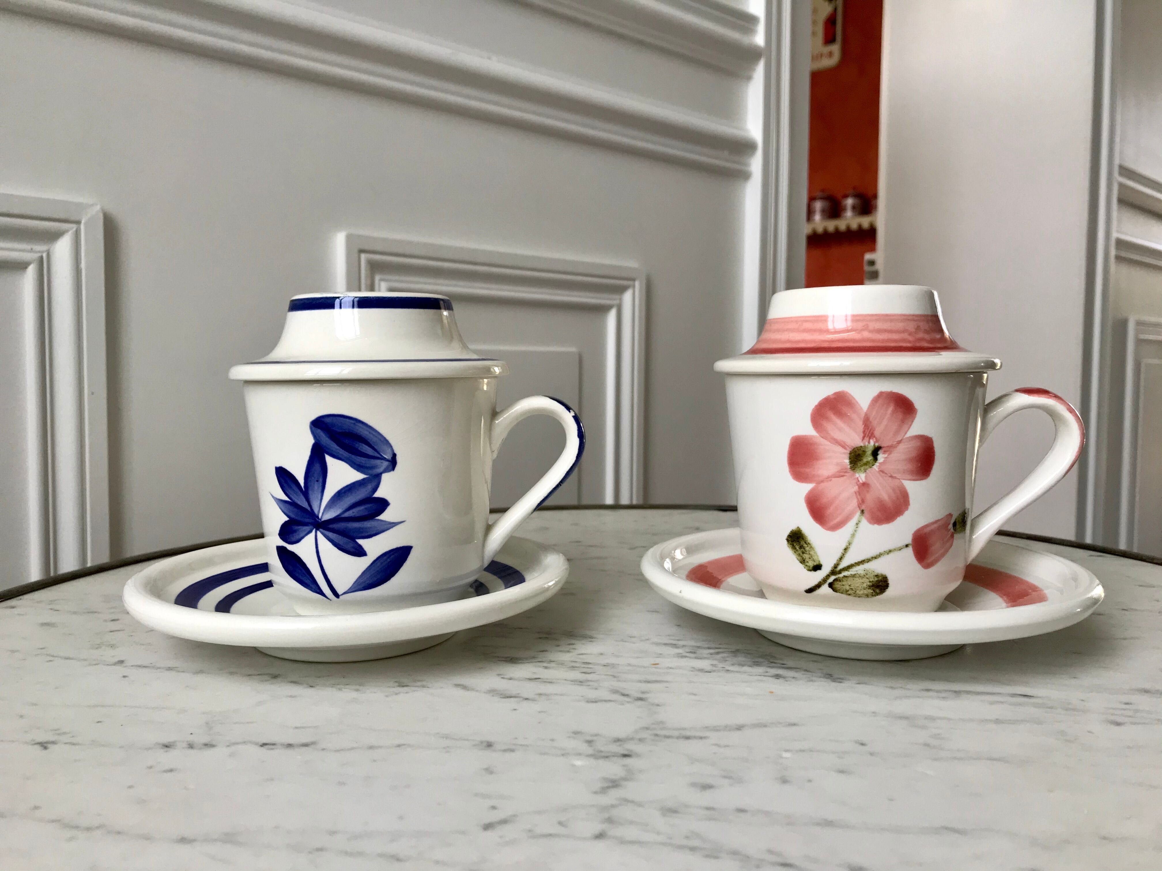 Duo of tea cups / herbal teas Sarreguemines colorful 50s