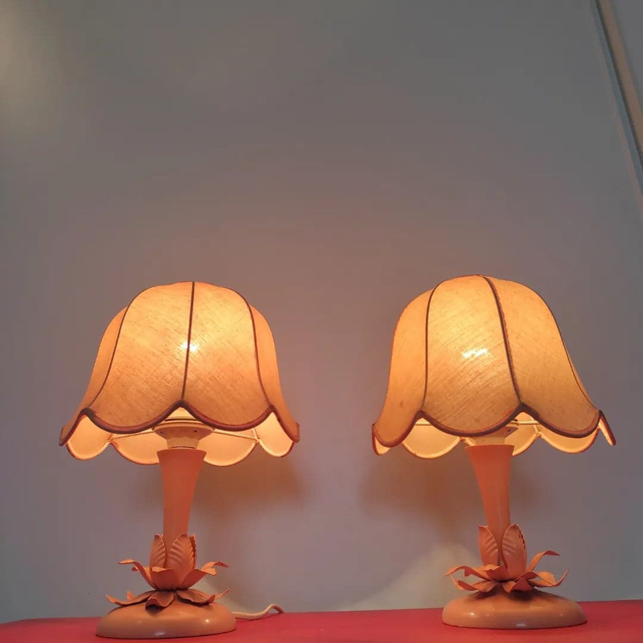 Pair of pink bedside lamps "blush/salmon" fabric lampshade, metal details.