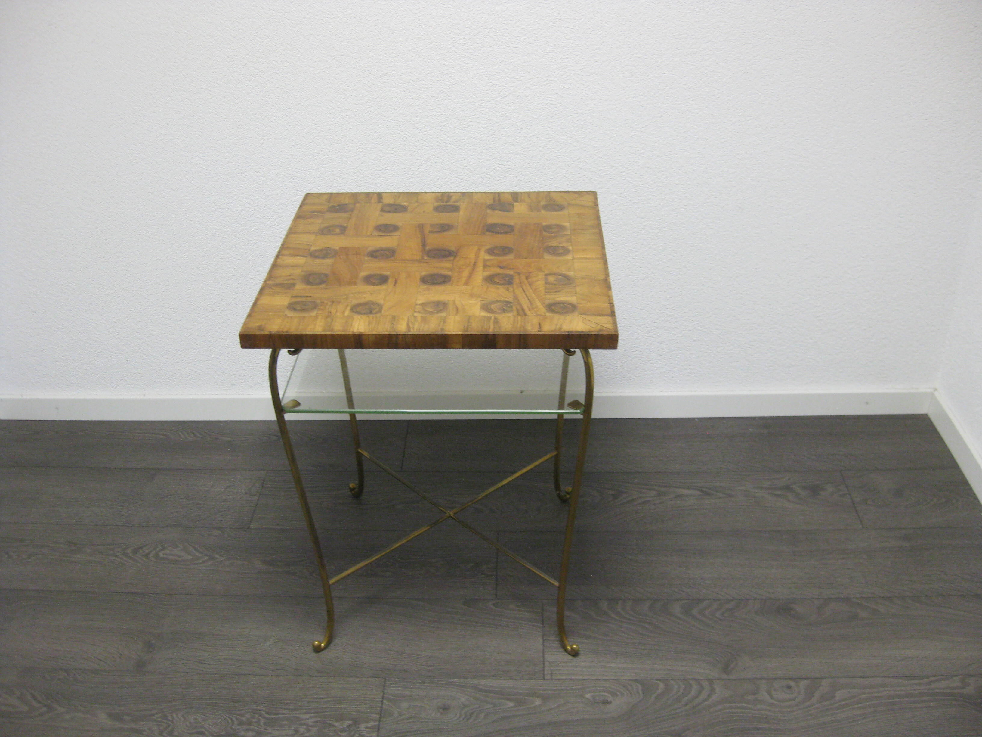 1950s table with wooden top and floor under glass, height 65cm - 50x50cm