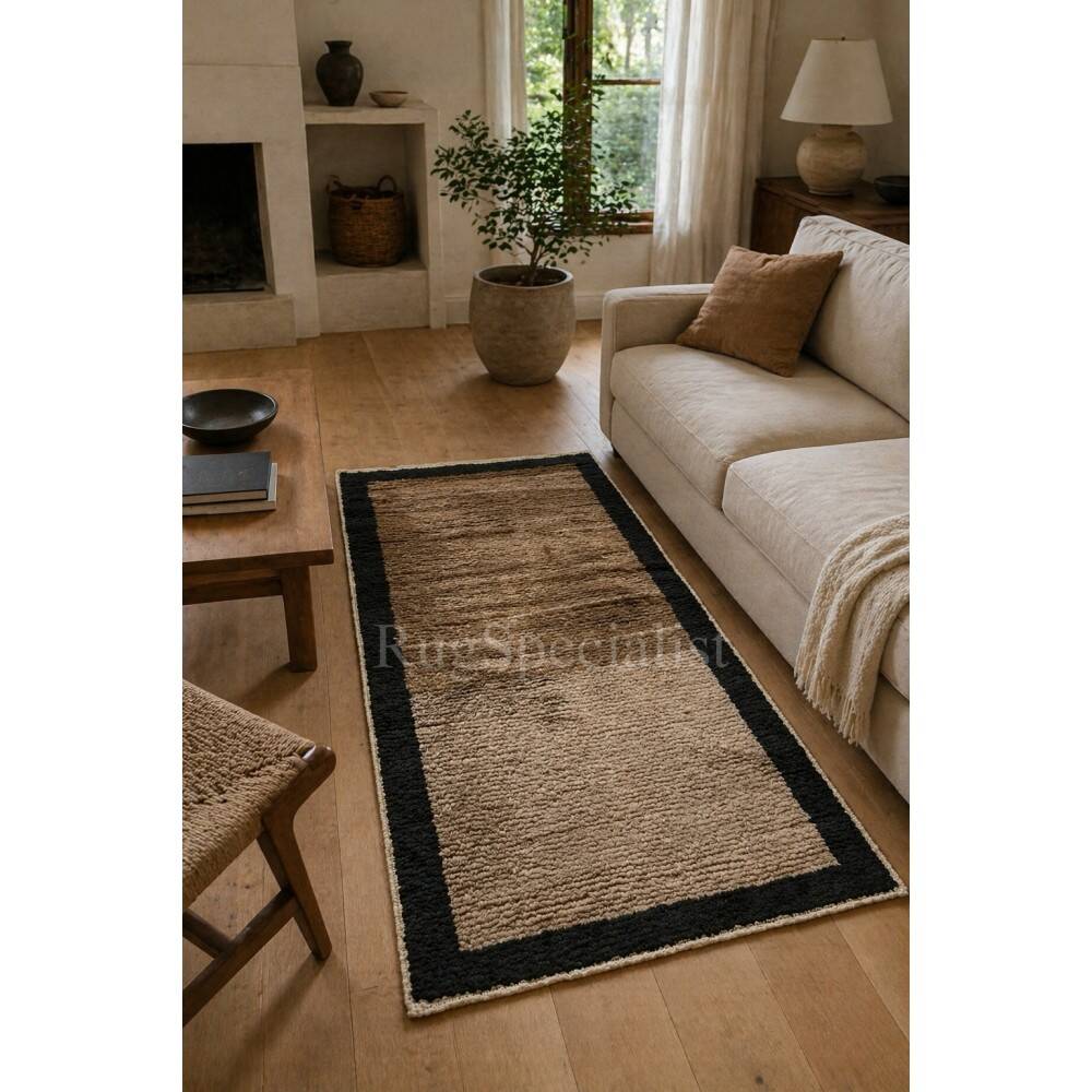Hand-Knotted Turkish Tulu Rug. 100% Wool Minimalist Border Design. Beige, Brown & Black Colors. Custom Options Available