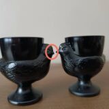 3 egg cups with black opaline glass hens Arcoroc 1980