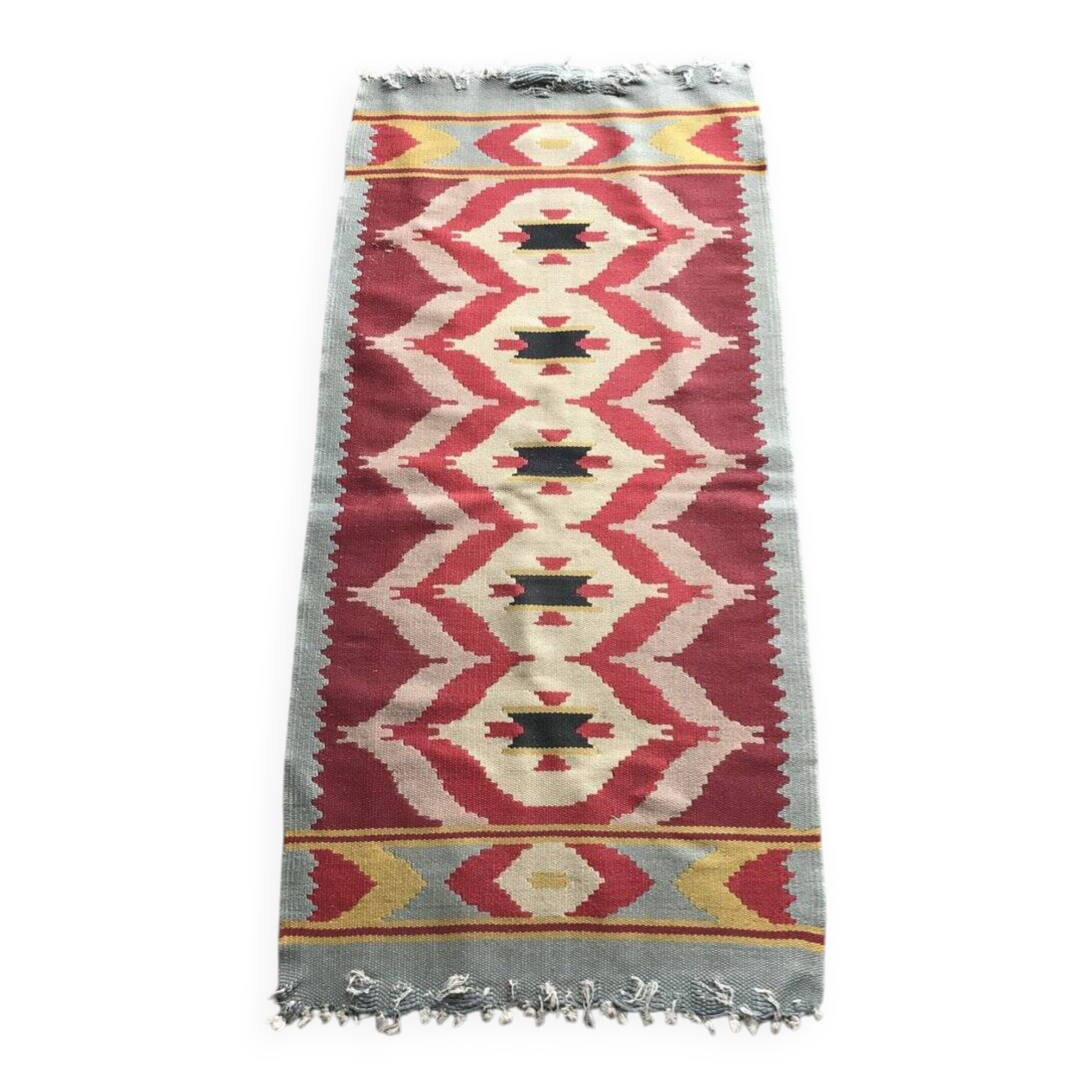Tapis runner bordeaux en tissu tissé plat kilim, style Mid-Century 1940s République tchèque