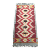 Burgundy runner rug in flat woven kilim fabric, Mid-Century style 1940s Czech Republic.