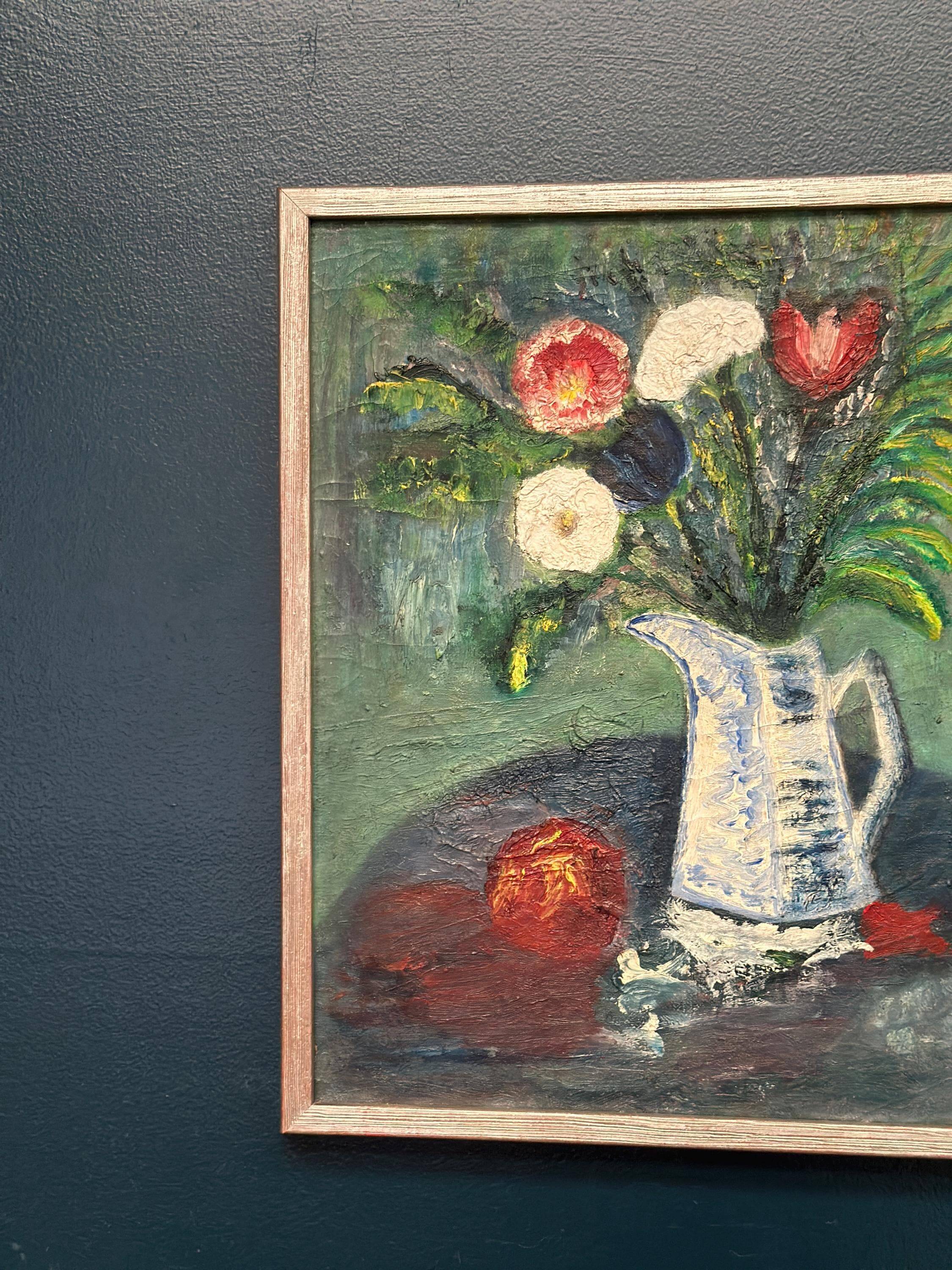 Huile sur toile originale suédoise – « Nature morte avec vase et fruits » – Signée