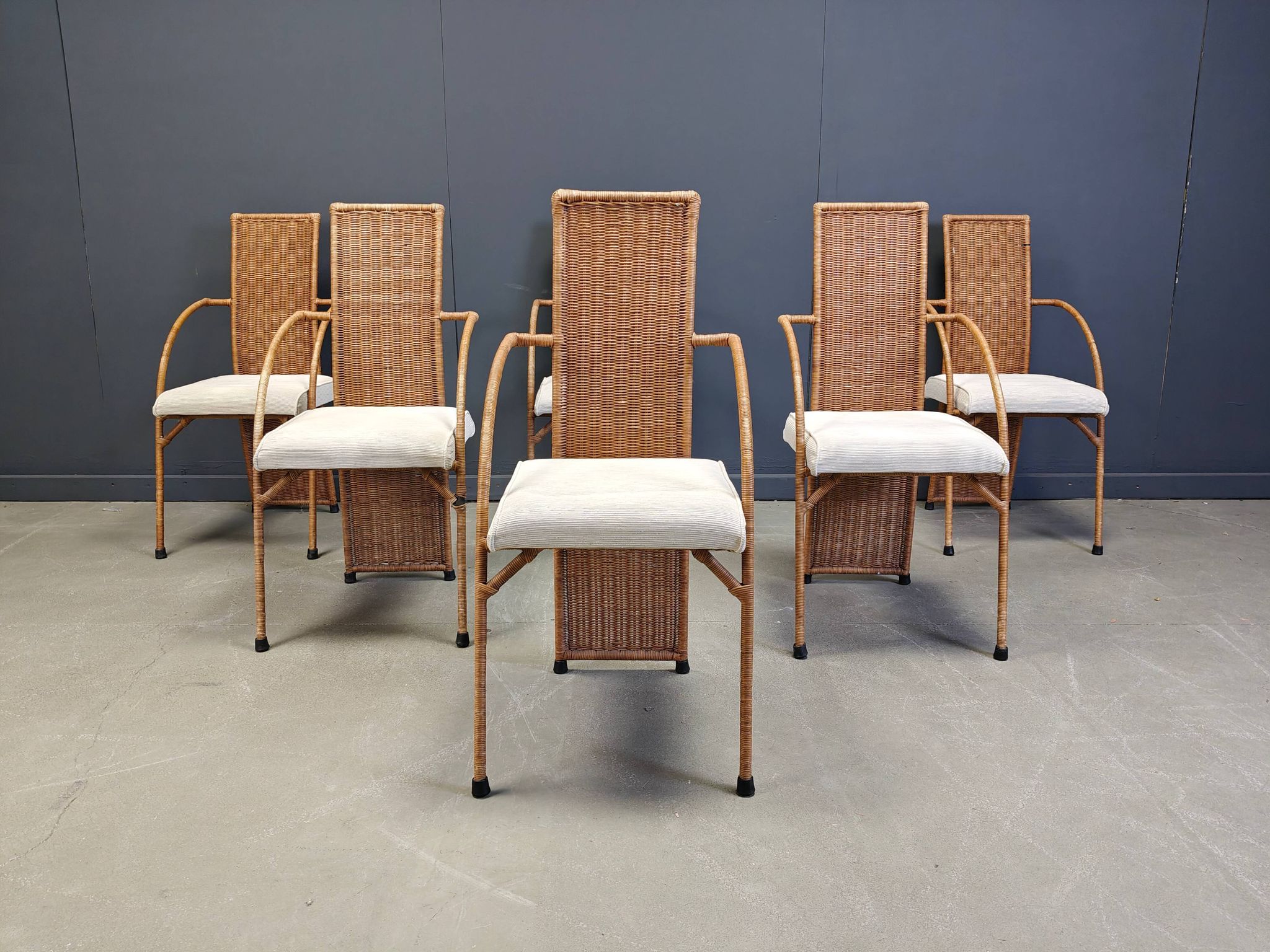 Vintage wicker dining chairs with high backs, 1980s - set of 6