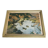 Old painting with a polychrome print decoration of ducks in nature.