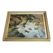 Old painting with a polychrome print decoration of ducks in nature.