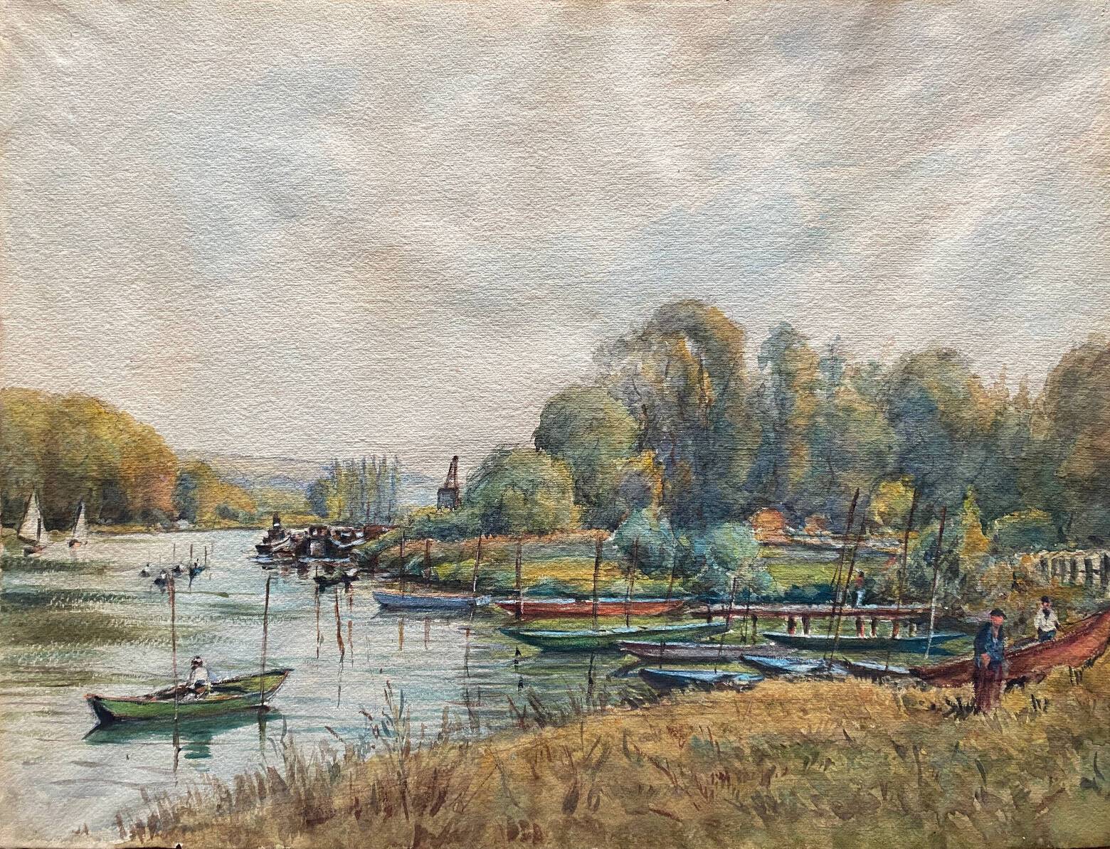 Large watercolor painting "Bords of the Yonne" with boats P. Guillon