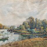 Tableau Aquarelle "Bords de l'Yonne" avec embarcations P. Guillon