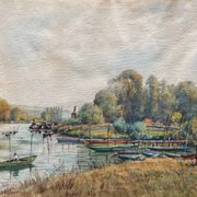 Large watercolor painting "Bords of the Yonne" with boats P. Guillon