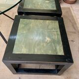 black lacquered square coffee tables with green marbled effect top