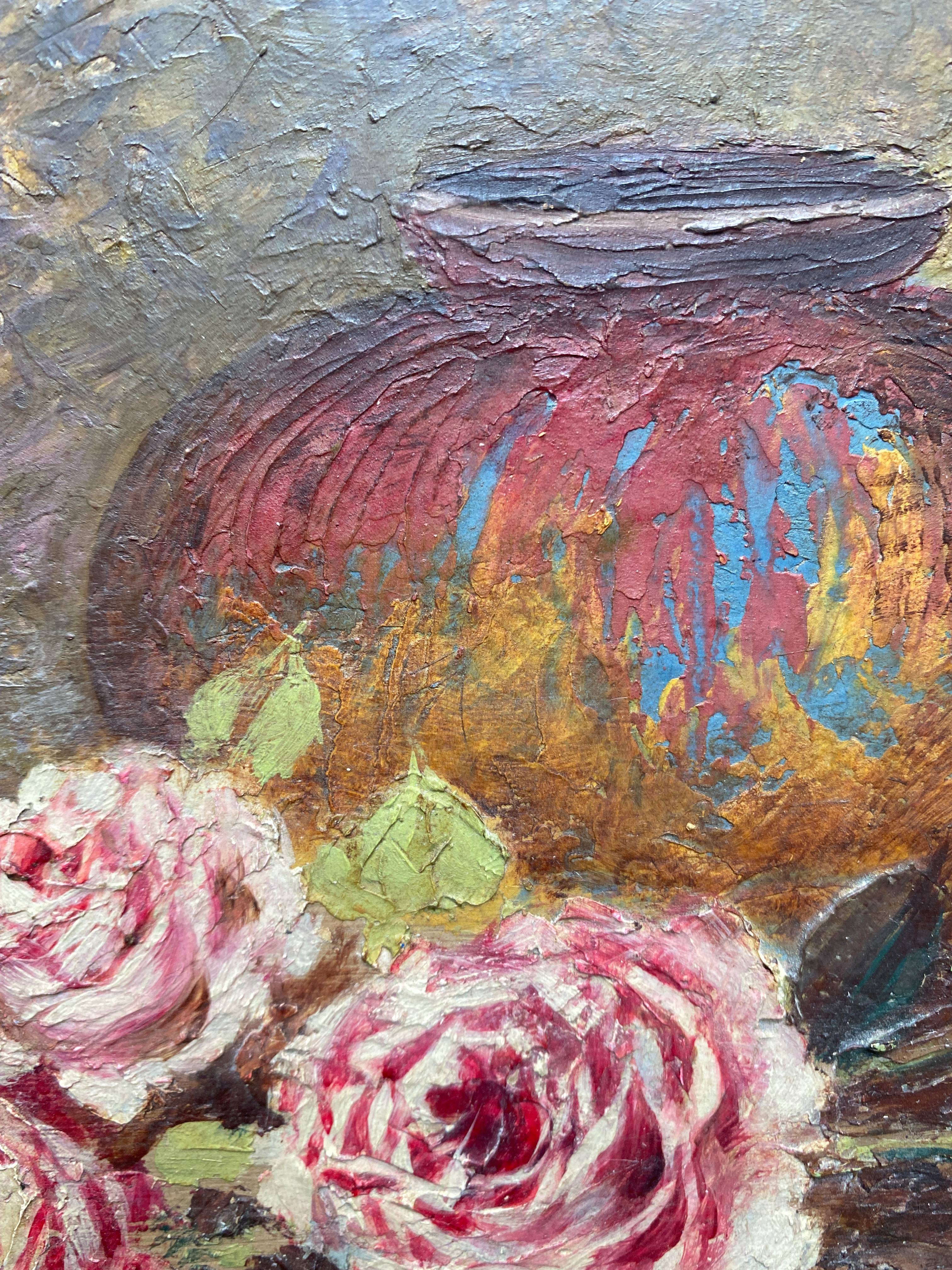 Painting "Bouquet of roses in the vase" signed G. Demange early XX° + frame